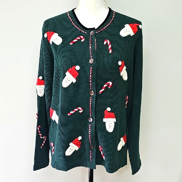 Susan Bristol Green Waffle Knit Cardigan with Santa and Candy Cane Design - Picture 1 of 10